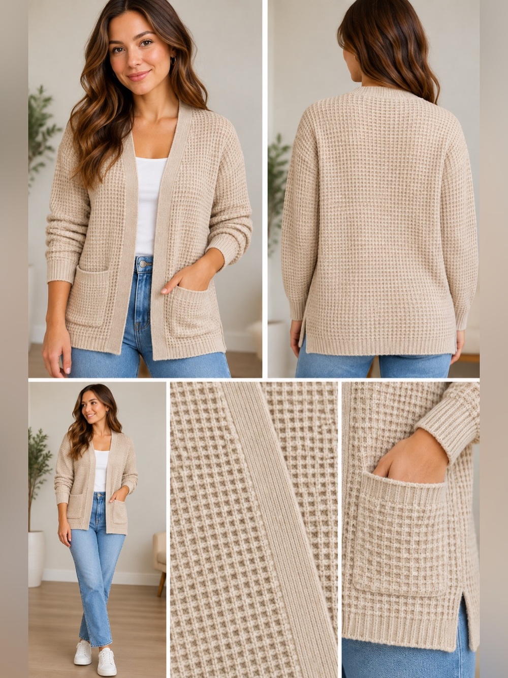 Caslon Waffle Knit Open Cardigan – Size Medium – Beige Neutral – Pockets